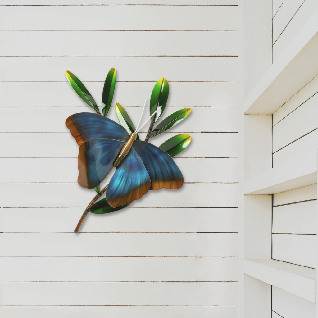 Blue Morpho Butterfly on Branch (Stainless Steel/Outside)