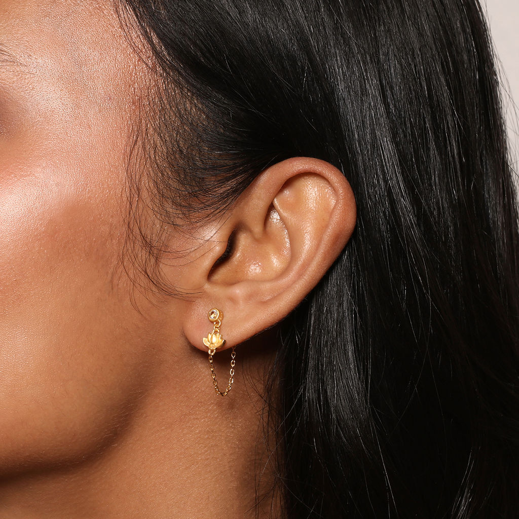 White topaz lotus drape chain studs