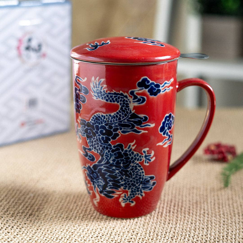 Oriental Dragon Design 15oz Tea Mugs with Lid and Infuser for Loose Leaf Tea (4/32)
