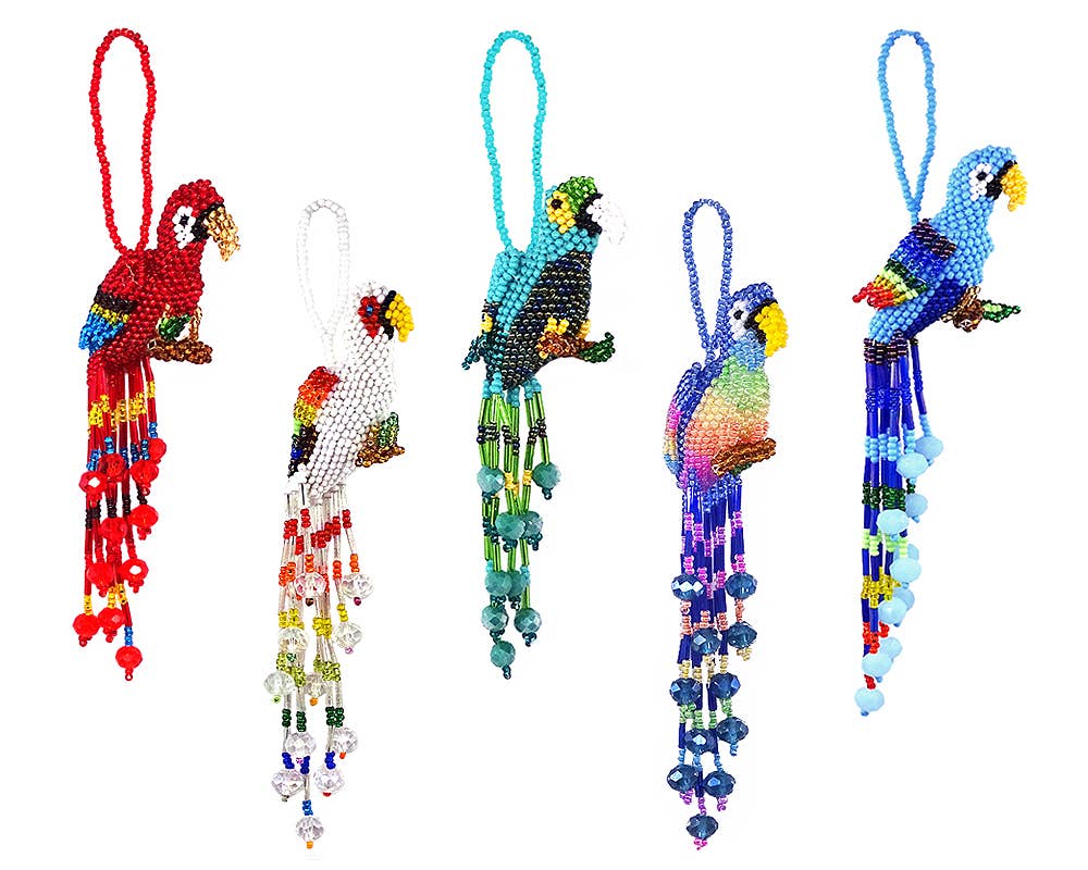 Beaded Parrot Figurine Seed Bead Fringe Dangle Ornament