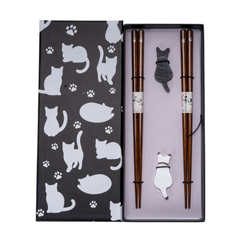 Black White Cat 2 Pair Wooden Chopsticks and Chopsticks Rests Gift Set (1/80)