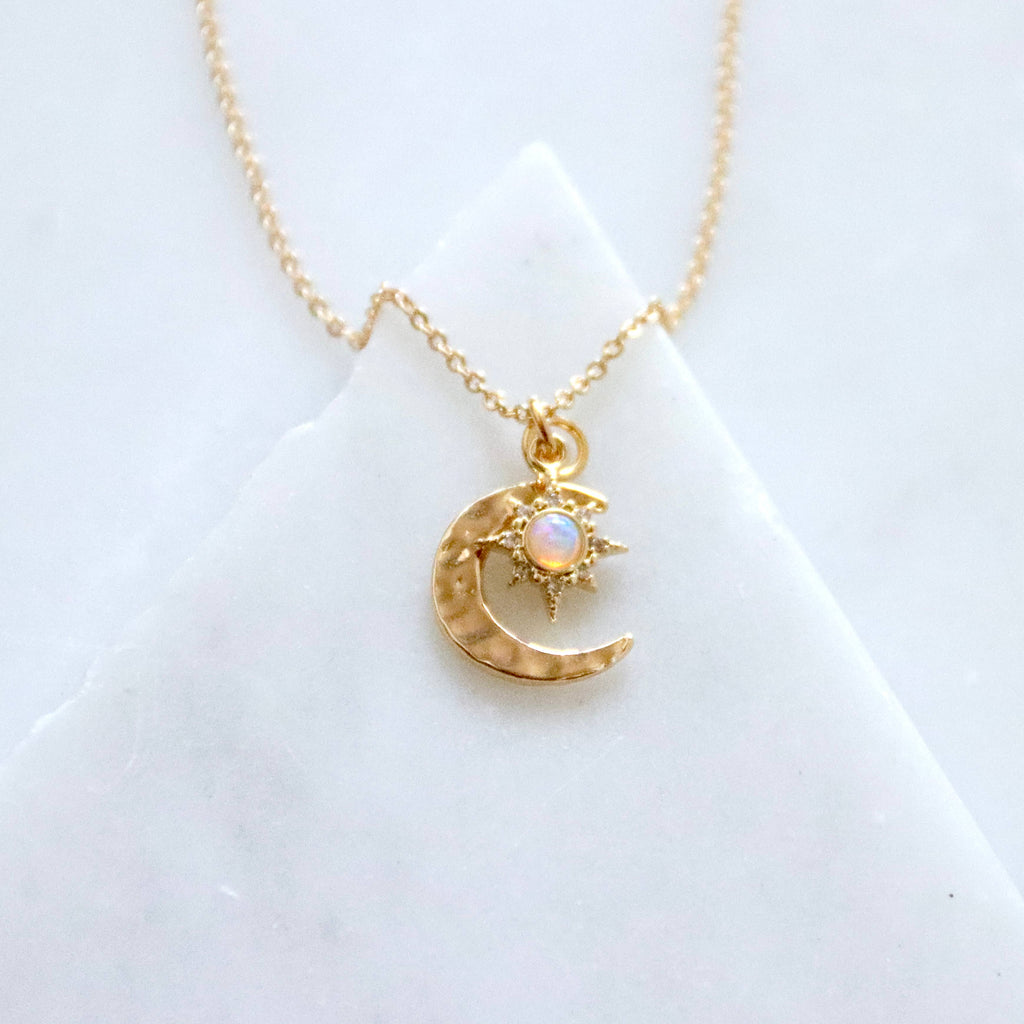 Opal Sun and Hammered Moon Necklace  