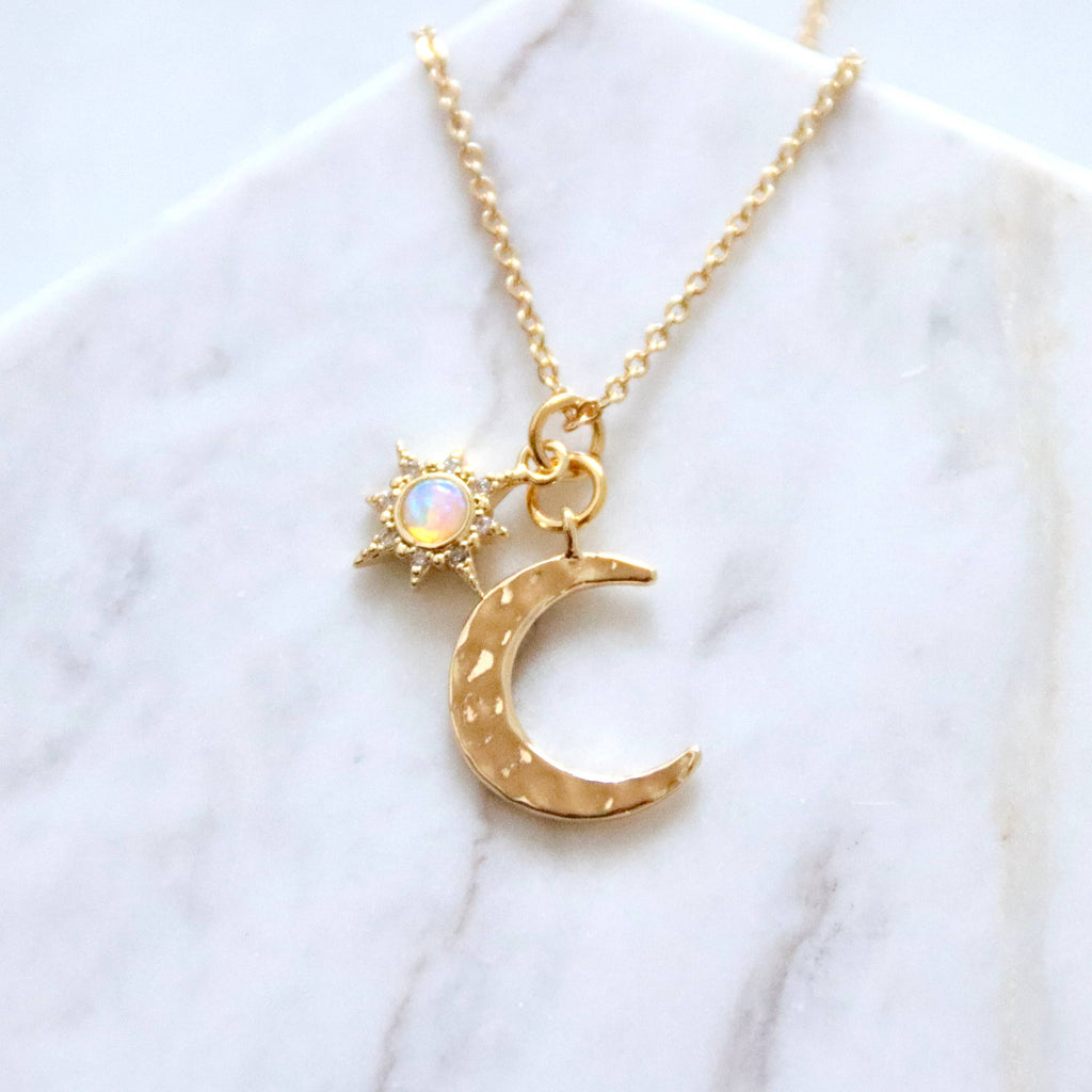 Opal Sun and Hammered Moon Necklace  