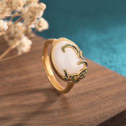 Enamel Leaves Over Jade Open Ring