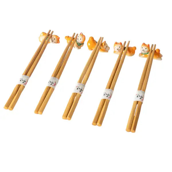 5pc Chopsticks and Shiba Inu Chopsticks Rest Gift Set