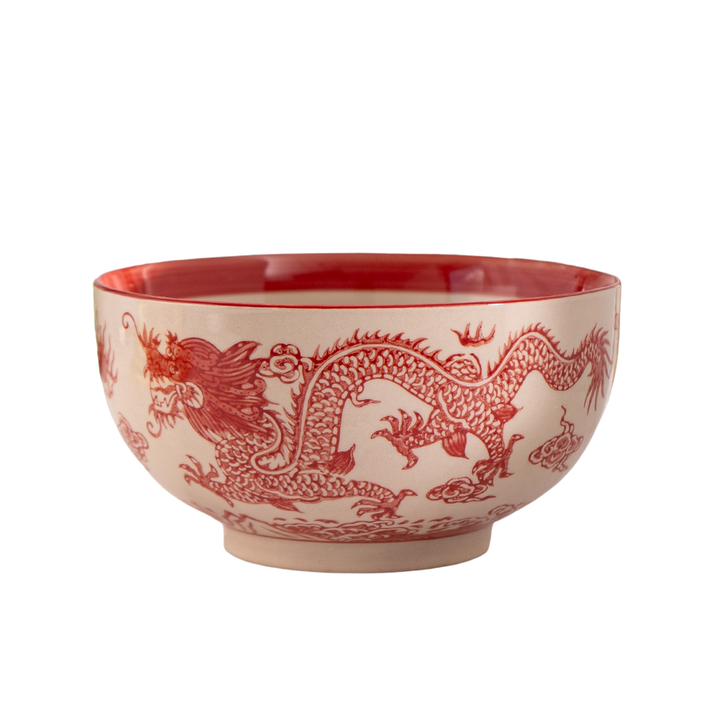 Red Dragon Bowl w/ Chopsticks, Spoon, Lid and Trivet Set