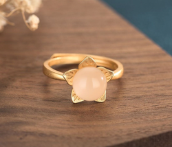 Jade Ball on Golden Flower Open Ring