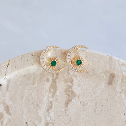 Emerald Green Moon and Star Stud Earrings
