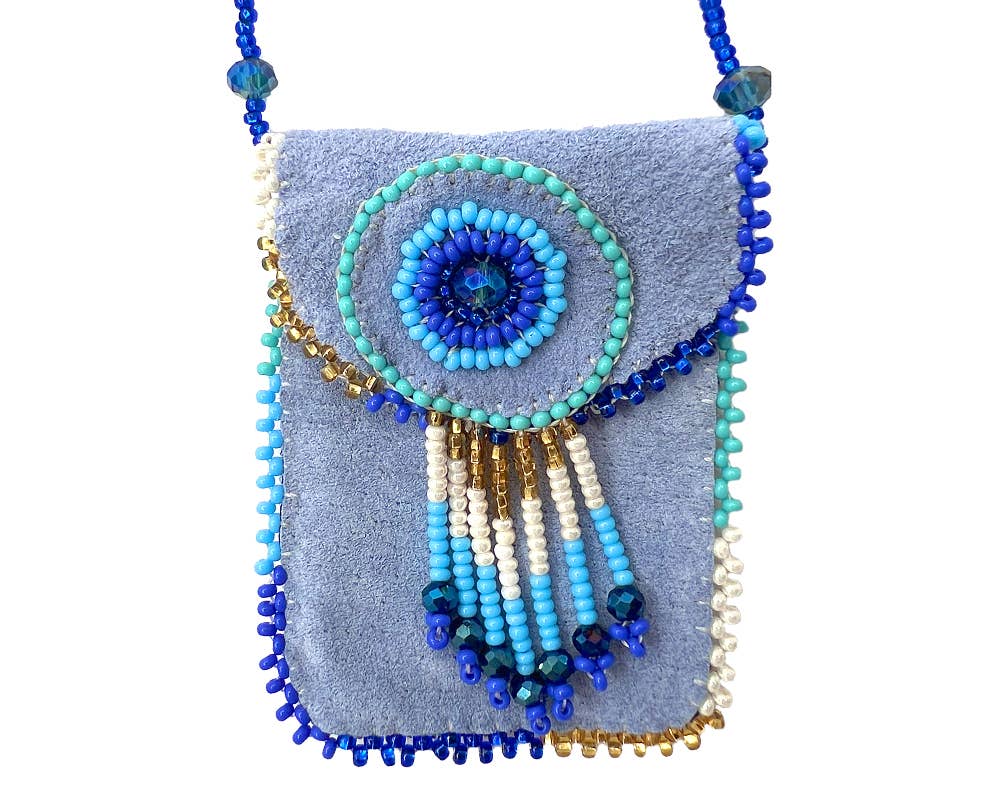 Suede Beaded Seed Bead Fringe Medicine Pouch Necklace Bag