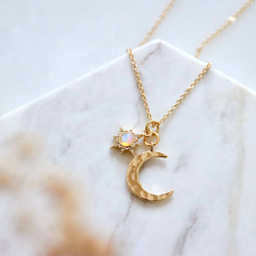 Opal Sun and Hammered Moon Necklace  