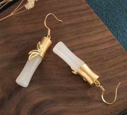 Gold Inlaid with Jade Earrings Bamboo Shape