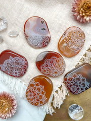 Etched Carnelian Smooth Pocket Palmstone - Mandalas