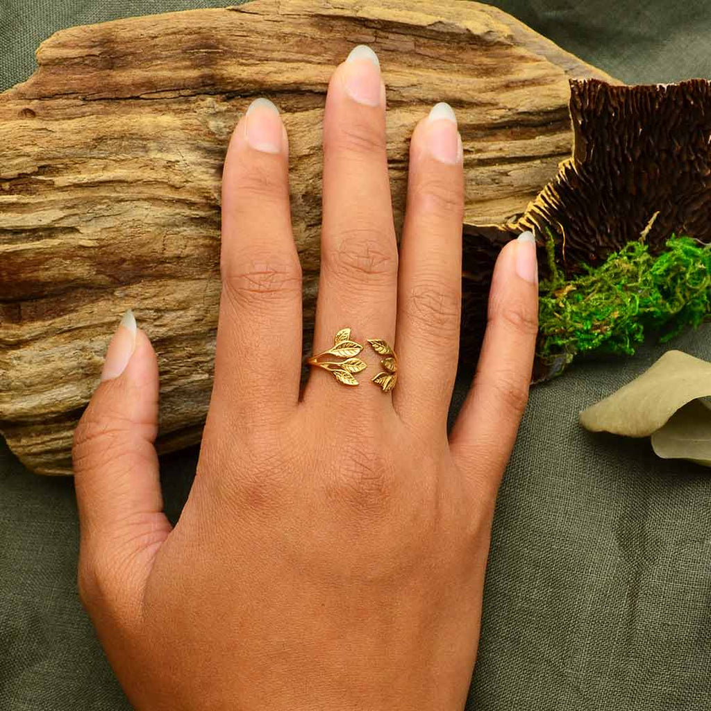 Sterling Silver or Bronze Leaf Cluster Adjustable Ring: Bronze