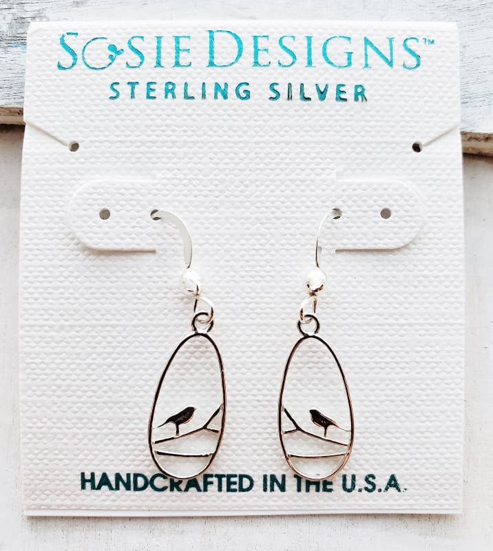 Silver Teardrop Robin Bird Earrings