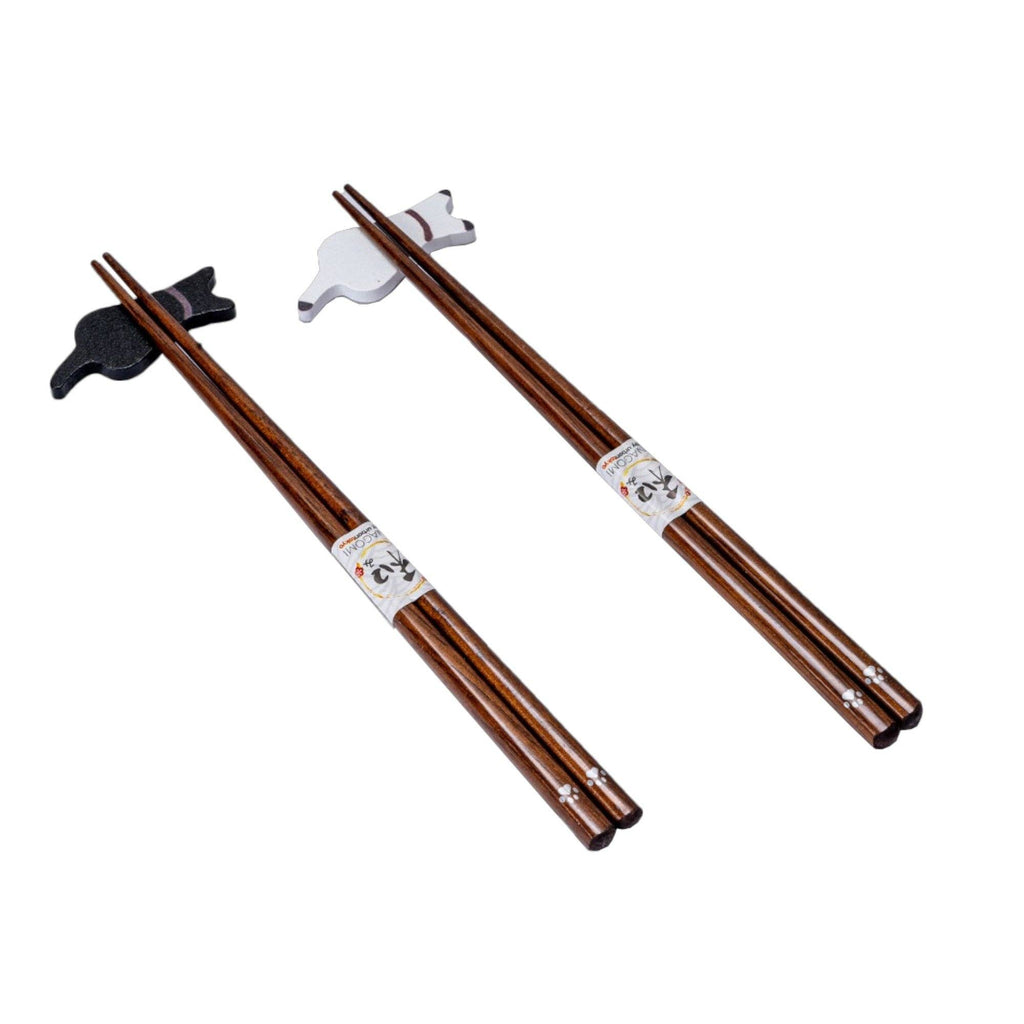 Black White Cat 2 Pair Wooden Chopsticks and Chopsticks Rests Gift Set (1/80)
