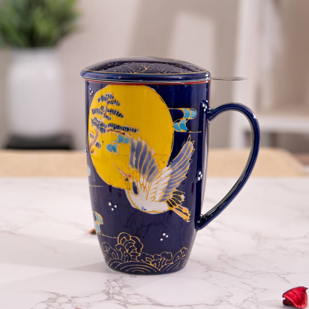 Japanese Crane Design 15oz Tea Mugs with Lid and Infuser