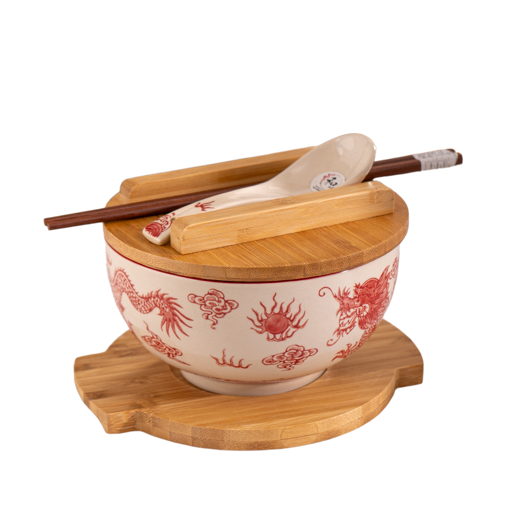 Red Dragon Bowl w/ Chopsticks, Spoon, Lid and Trivet Set