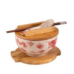 Red Dragon Bowl w/ Chopsticks, Spoon, Lid and Trivet Set