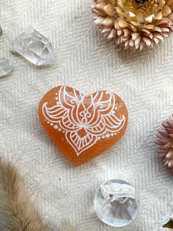 Engraved Peach Selenite Heart Crystal Valentine's Day: Small (~2