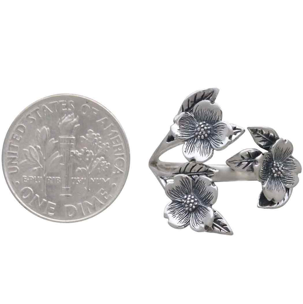 Adjustable Dogwood Flower and Leaf Ring: Bronze