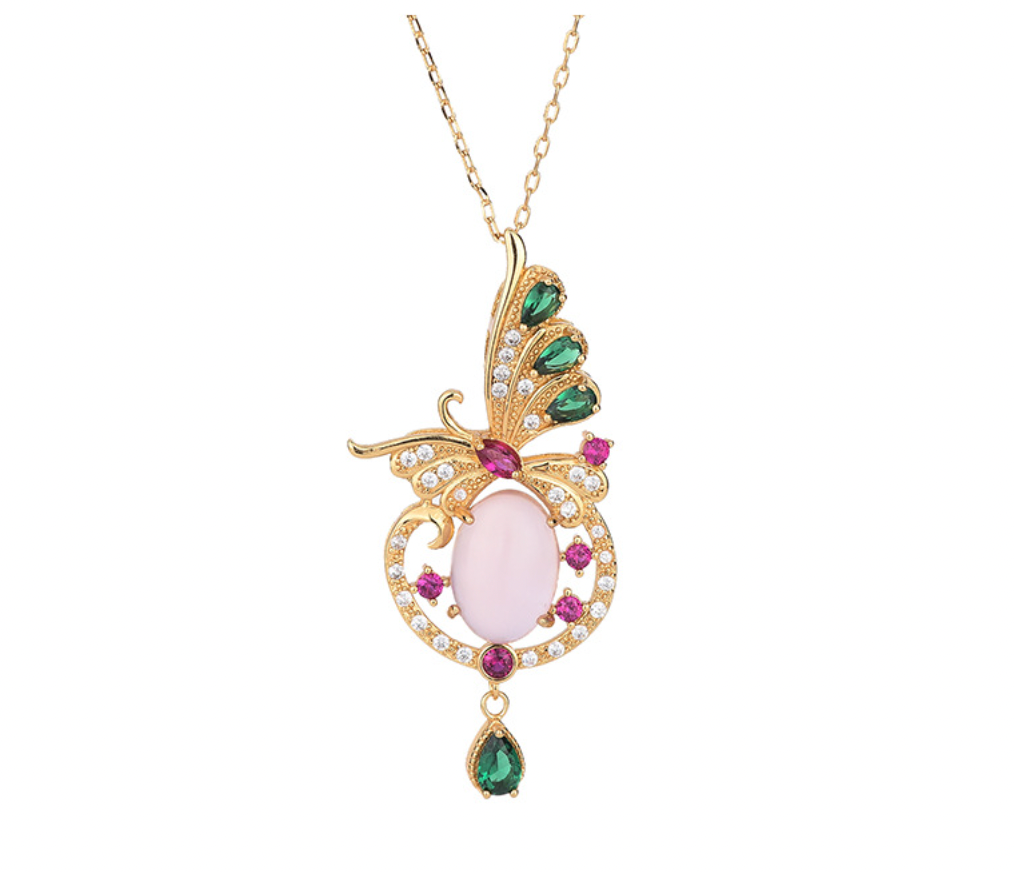 Crystal Butterfly Over Pink Jade Necklace