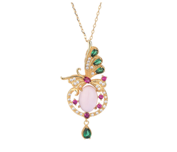 Crystal Butterfly Over Pink Jade Necklace