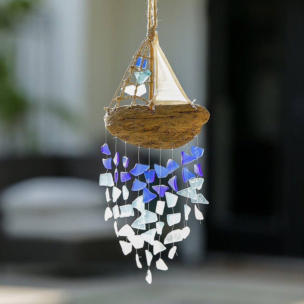 Driftwood Boat Windchime - Multi Color Recycled Bottles: Large 20