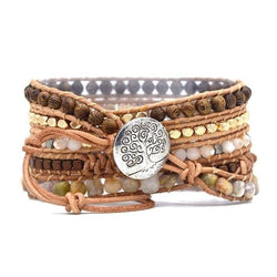 Natural Ammonite Fossil, Sunstone and Wood Beaded Wrap Brace