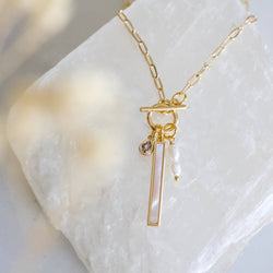 CZ, Mother of Pearl, Freshwater Pearl,Charm Toggle Necklace 
