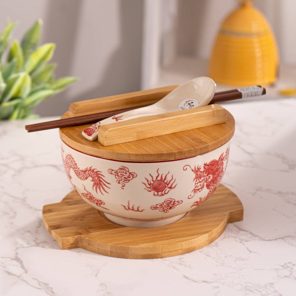 Red Dragon Bowl w/ Chopsticks, Spoon, Lid and Trivet Set