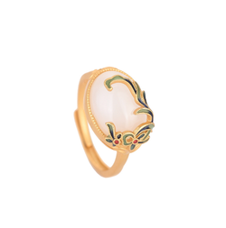 Enamel Leaves Over Jade Open Ring