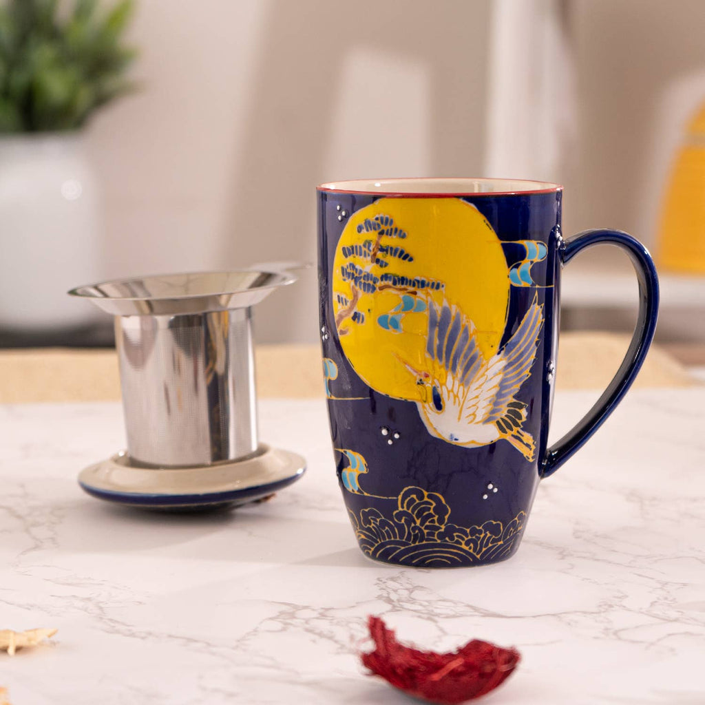 Japanese Crane Design 15oz Tea Mugs with Lid and Infuser