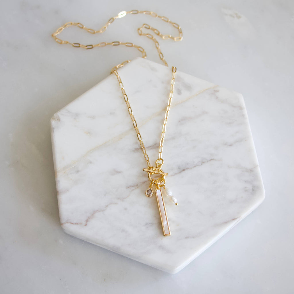 CZ, Mother of Pearl, Freshwater Pearl,Charm Toggle Necklace 
