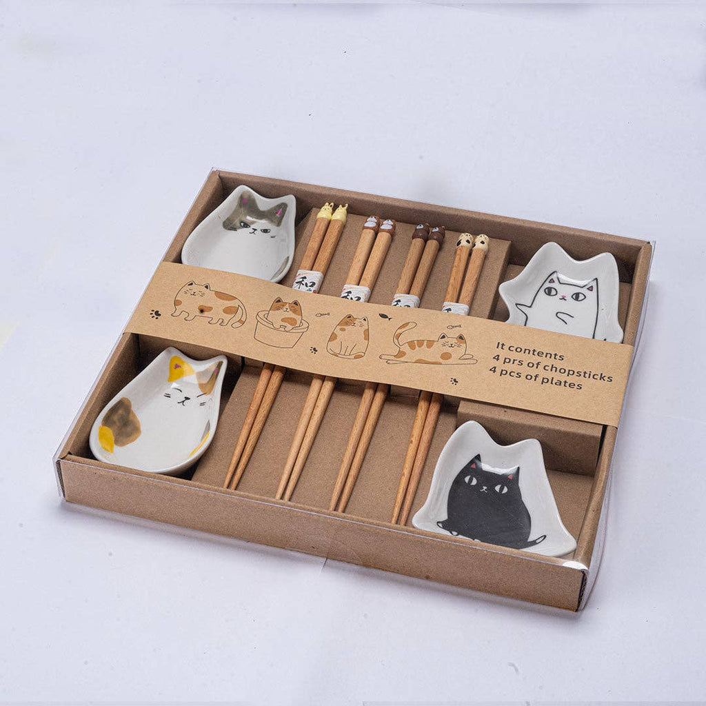 4 Pair Cute Cats Wooden Chopsticks and Sauce Dish Gift Set (1/20)