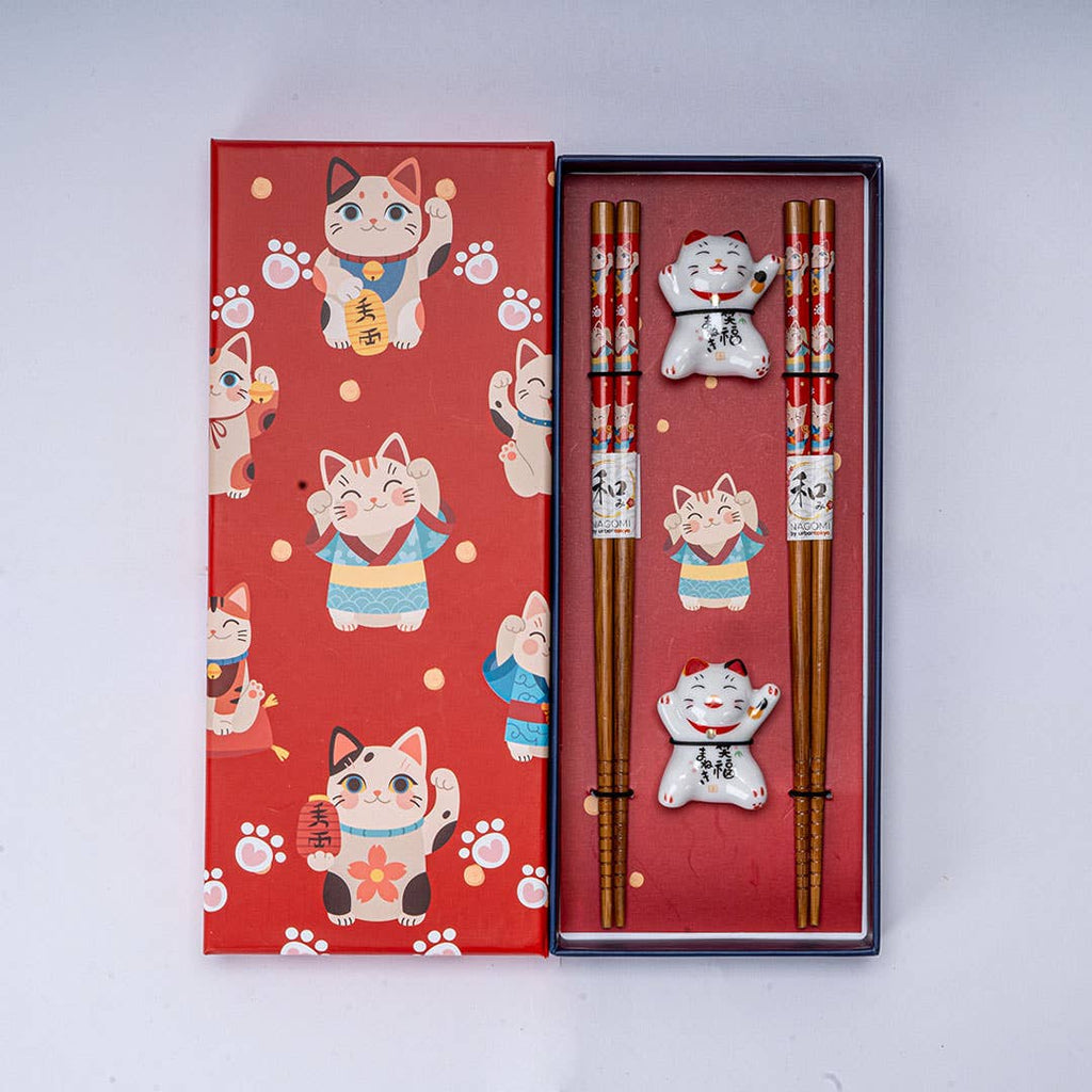 Lucky Cat Neko 2 Pair Chopsticks and Rests Git Set (1/100)