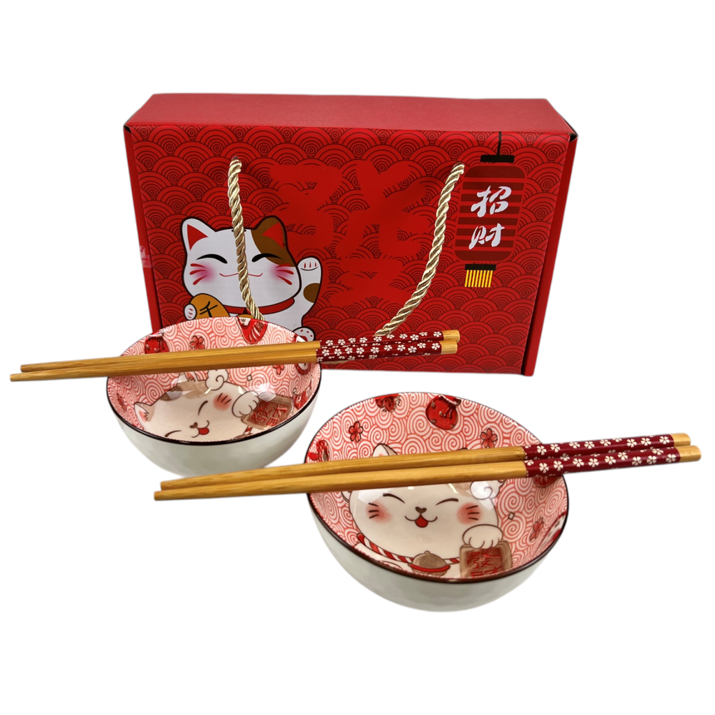 Maneki Neko Lucky Cat Double Rice Set of 10oz 4.5