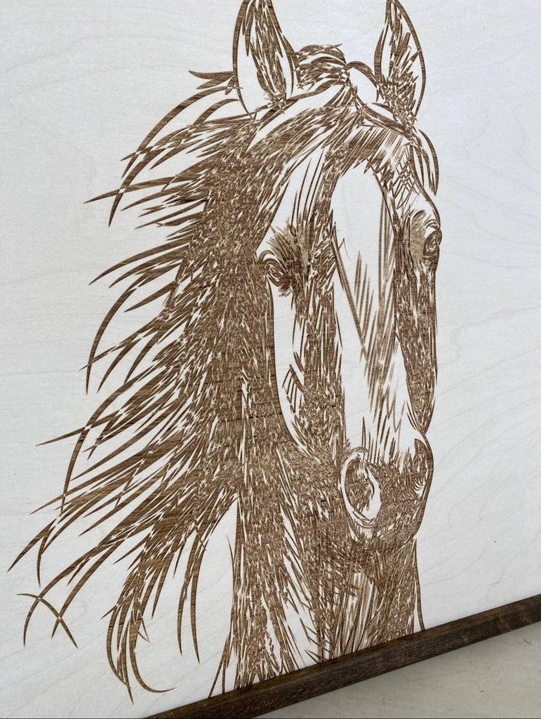 Hand Sketched Horse Wooden Artwork: White Wash / Dark-Walnut / 20x20
