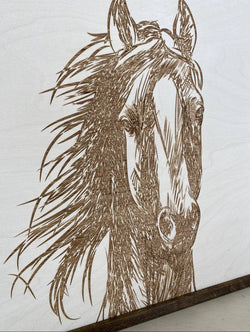 Hand Sketched Horse Wooden Artwork: White Wash / Dark-Walnut / 20x20