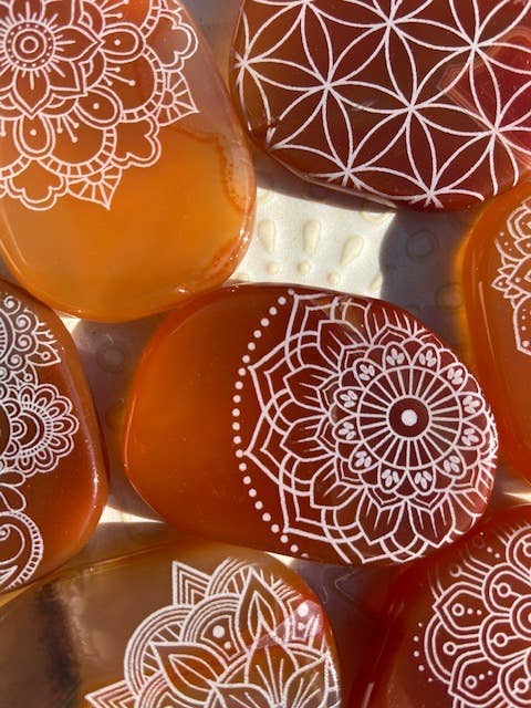 Etched Carnelian Smooth Pocket Palmstone - Mandalas