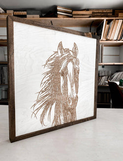 Hand Sketched Horse Wooden Artwork: White Wash / Dark-Walnut / 20x20