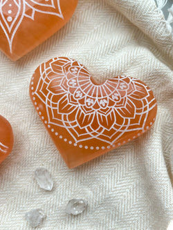 Engraved Peach Selenite Heart Crystal Valentine's Day: Small (~2
