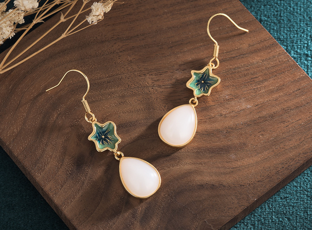 Leaves on a White Jade Stone Earrings