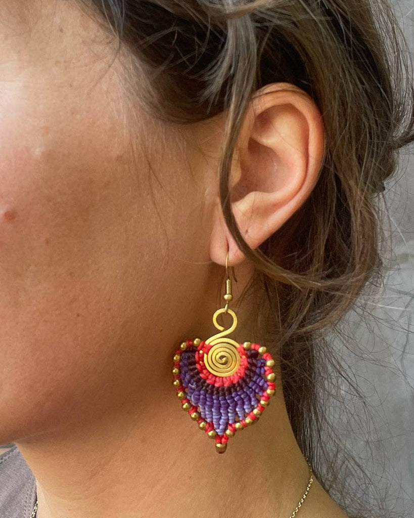 Macrame Leaf Earrings: Maroon