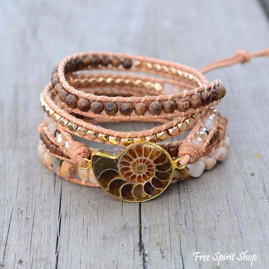 Natural Ammonite Fossil, Sunstone and Wood Beaded Wrap Brace
