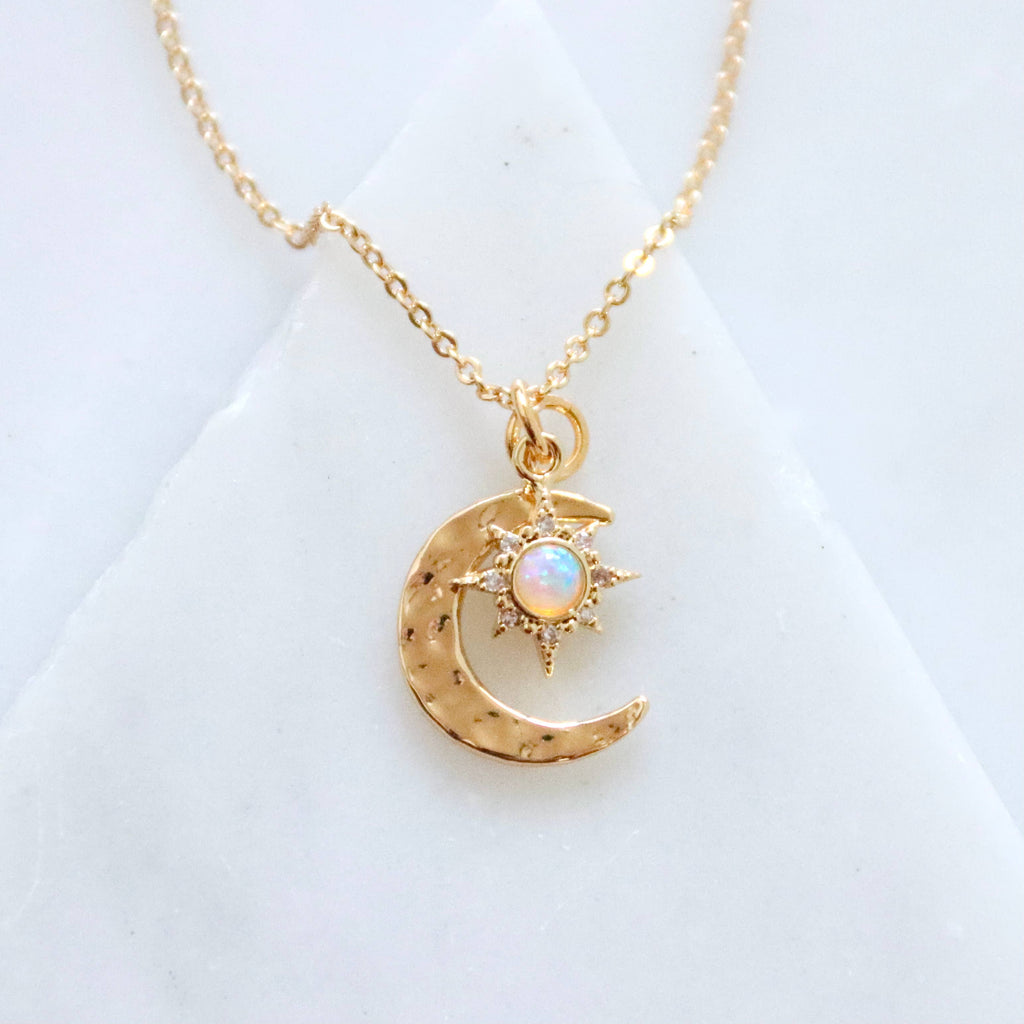 Opal Sun and Hammered Moon Necklace  