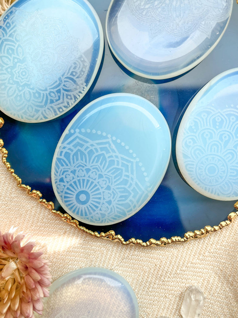 Etched Opalite Crystal Worry Stone - Assorted Mandalas