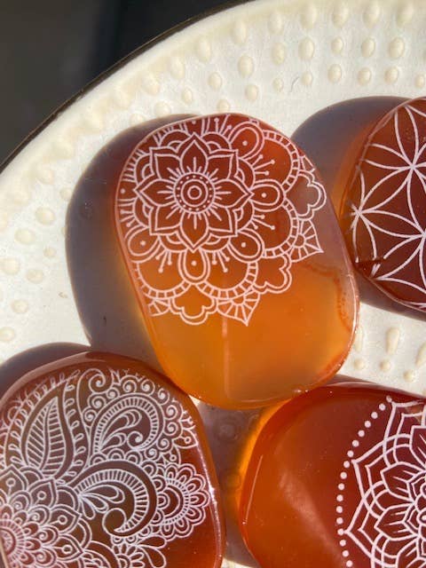 Etched Carnelian Smooth Pocket Palmstone - Mandalas