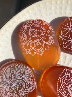 Etched Carnelian Smooth Pocket Palmstone - Mandalas