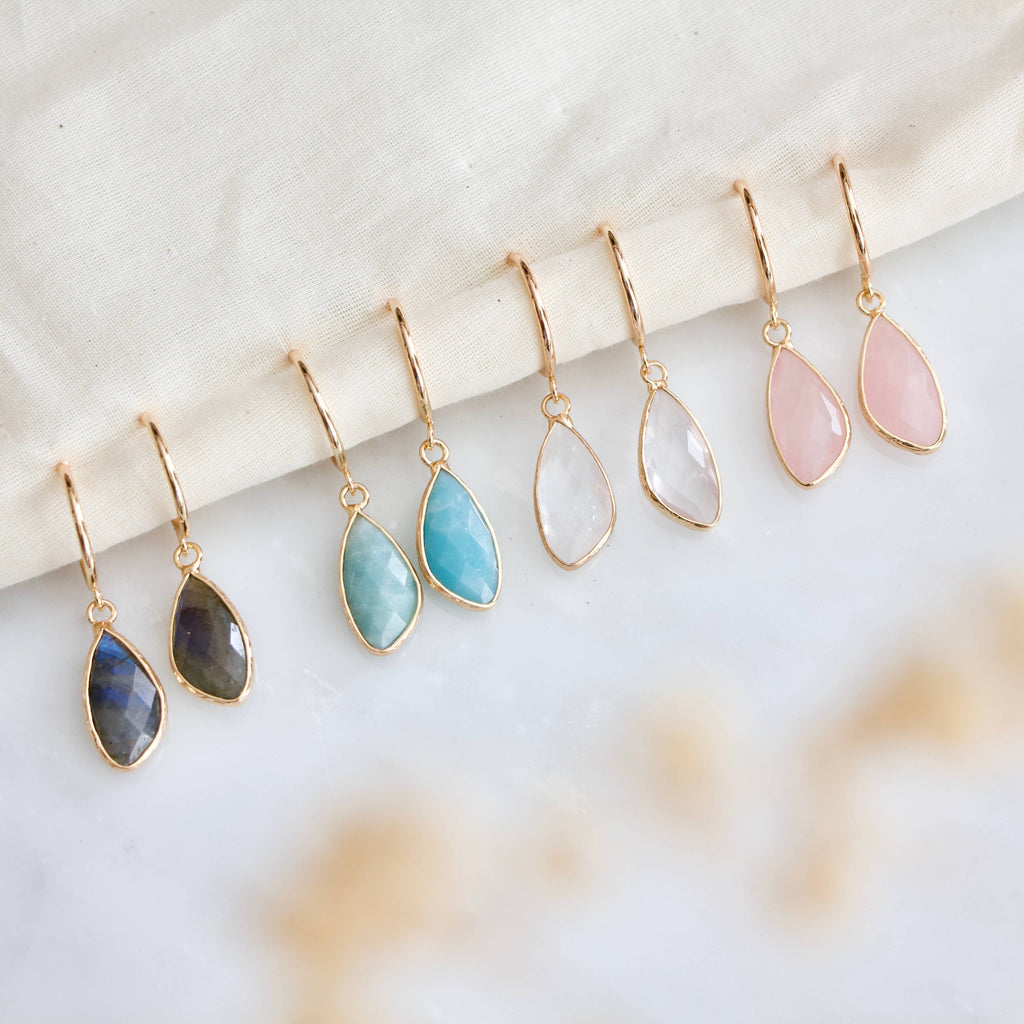 Stone Hoop Earrings - Amazonite, Labradorite, Quartz, Rose 