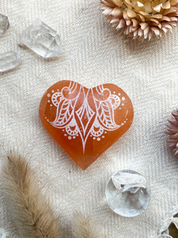Engraved Peach Selenite Heart Crystal Valentine's Day: Small (~2